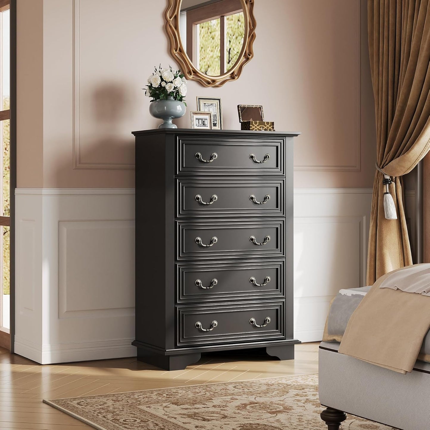 WLIVE Farmhouse Dresser for Bedroom, Tall Wood Dresser with 5 Drawer, Chest of Drawers with Roman Metal Handle for Living Room, Hallway, Closet, Black