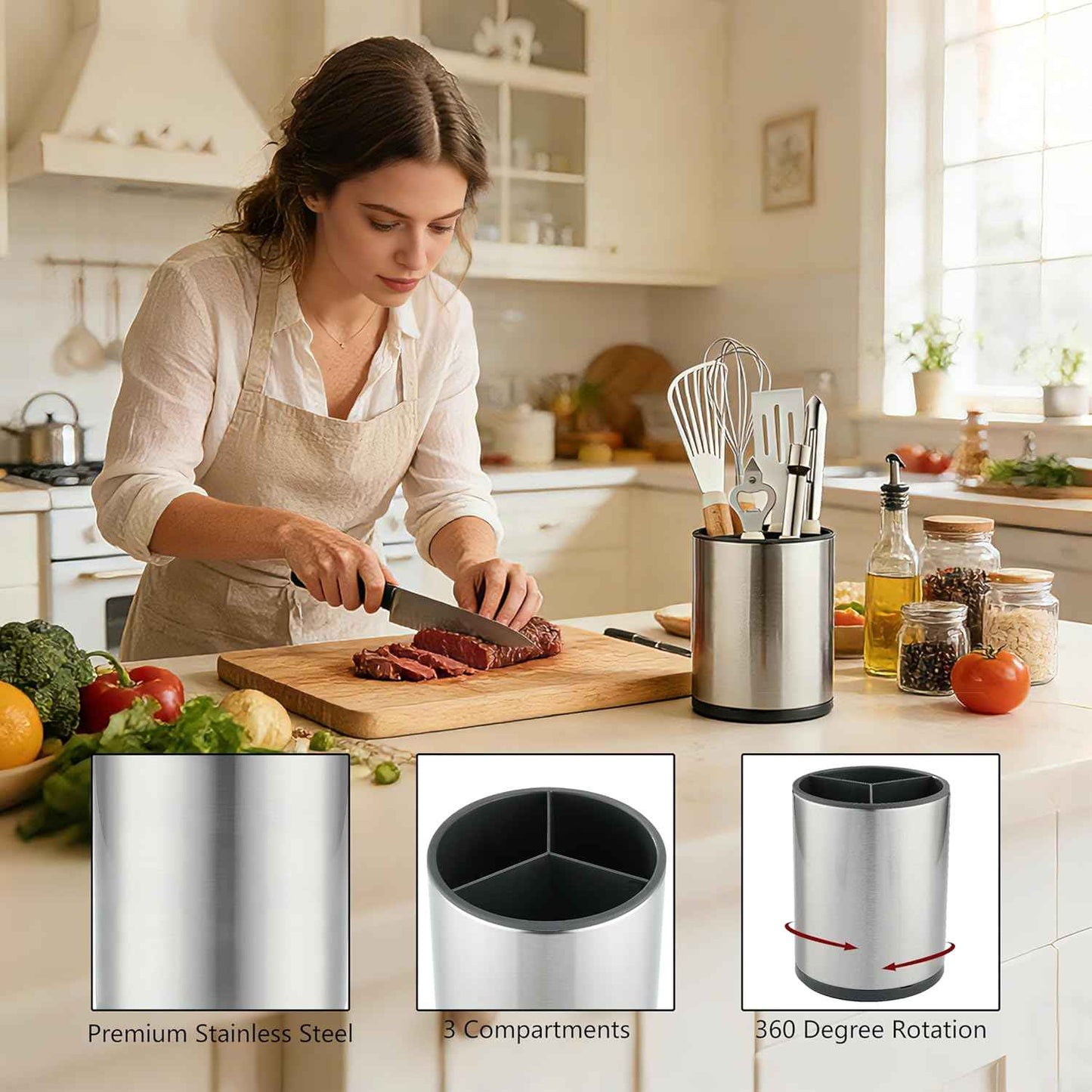 kitchen Utensil Holder Counter, DV Stainless Steel Rotating Cooking Spatula Utensils Holder Caddy (3 Compartment, 360°Rotating)