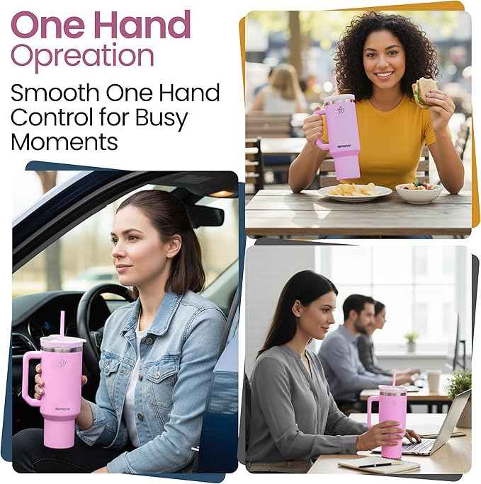 40oz Tumbler with Handle and Straw Insulated Stainless Steel Travel Mug Vacuum Double Wall Coffee Cup Leak Resistant Lid BPA-Free Cup Holder Friendly for Hot & Cold Drinks, Pink