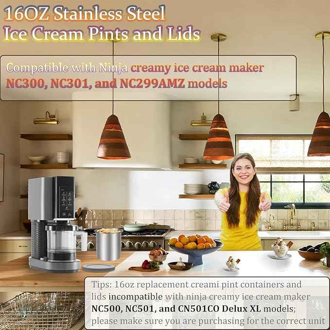 Stainless Steels Fit for Ninja Creami Containers- 4 Pack, 16oz Cups, Compatible with Ninja NC301, NC300, NC299AMZ, Fit for Ninja Creami Stainless Steel Pint, Silicone Lids, NC301 Creami Containers