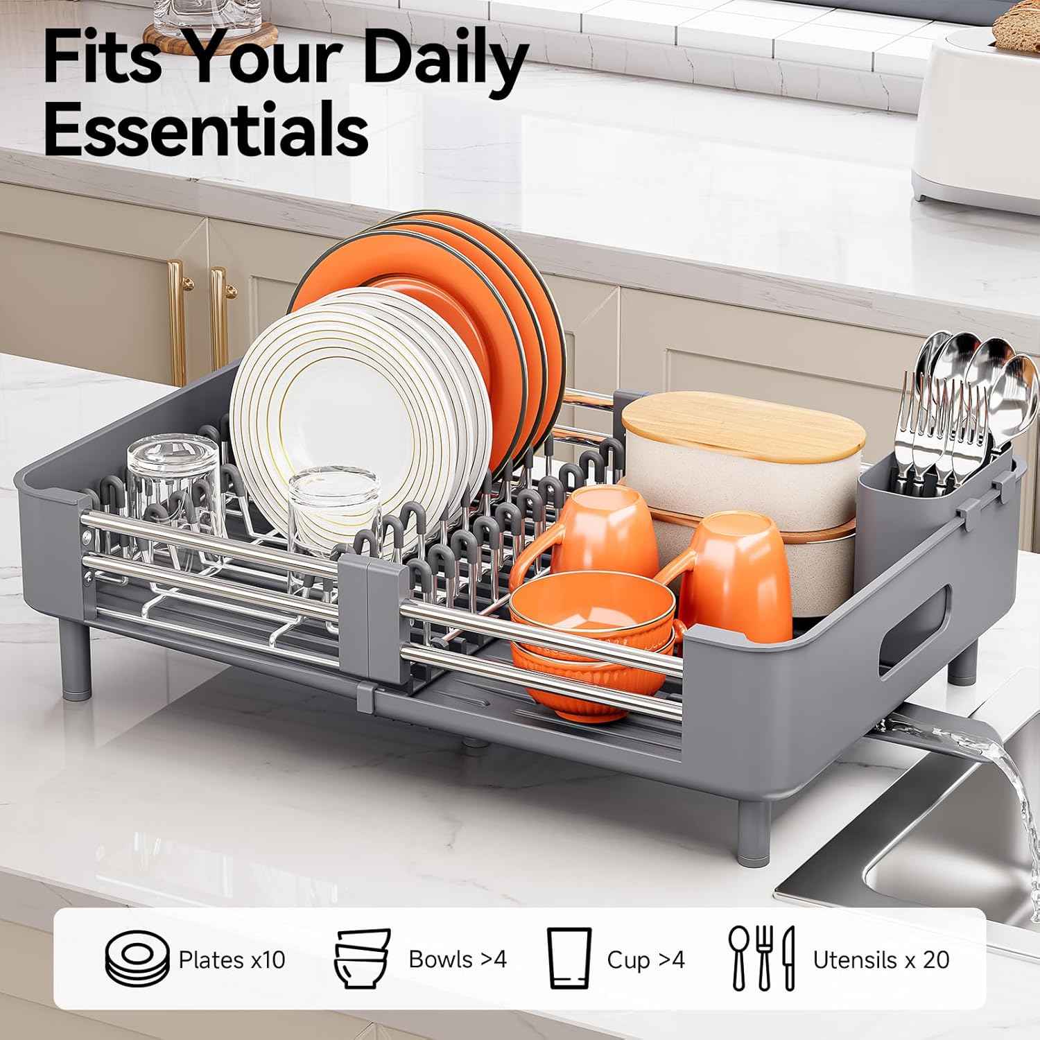 Urackify Stainless Steel Dish Drying Rack - Dish Drainer for Kitchen Counter, Extendable Drainboard with Foldable, Space-Saving Cup & Bowl Organizer, Includes Knife and Utensil Holder, Gray