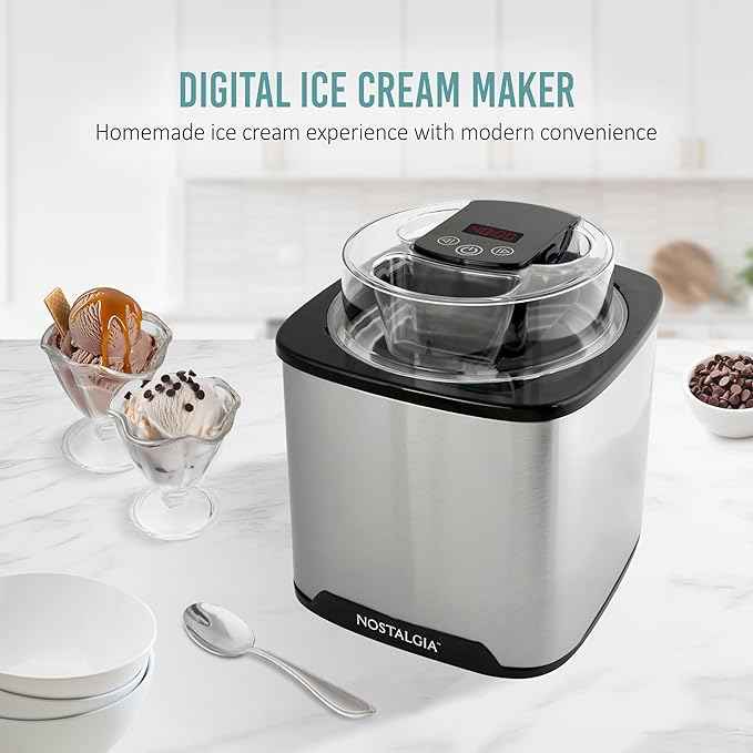 Nostalgia 2-Quart Electric Ice Cream Maker – Make Homemade Ice Cream, Gelato, Sorbet & Frozen Yogurt – No Salt/Ice Needed, Digital Controls, Mix-In Chute & Freezing Gel Canister – Stainless Steel