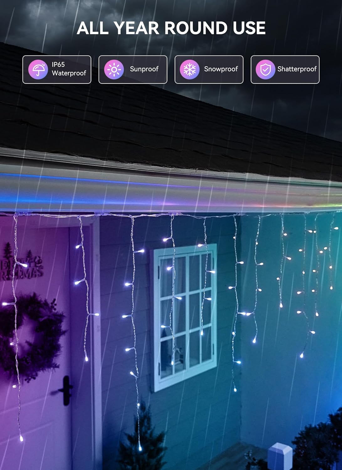 Smart Icicle Lights for Outside - 33ft 304 LED Color Changing Icicle Christmas Lights Outdoor - APP Controller 50+Preset Modes 16M Color Customize DIY Dynamic Lighting Effect