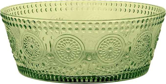 Boston International Vintage-Inspired Glass Serving Bowl with Embossed Floral Pattern for Salad Snacks Dinner, Large 7" x 2.75", Olive Green Codi