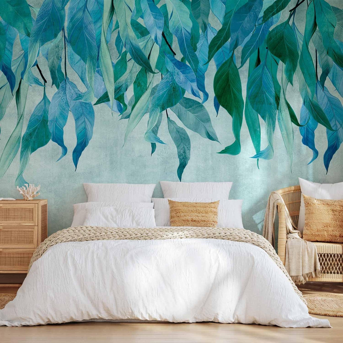 artgeist Premium Wall Mural Hanging Leaves 138x101 in - Non-Woven Wallpaper Fleece Wall Decor Photo Print Picture Image Design Nature Botanical Concrete Green Blue b-C-10146-a-b