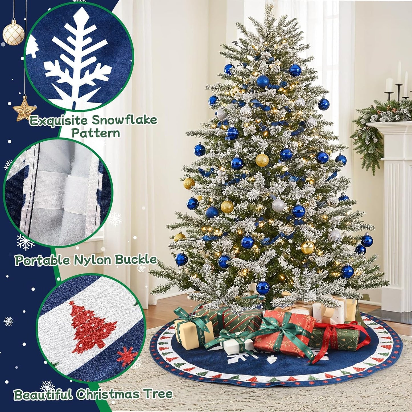 MACTING Christmas Tree Skirt, 30 Inch Round Blue Polyester Christmas Tree Skirts with Big Snowflake and Christmas Tree Printed for Holiday Party Rustic Xmas Tree Decoration