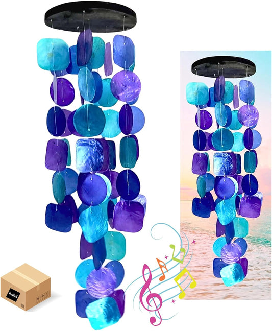 Bellaa 20414 Wind Chimes Outdoor, Garden Decorations, Musical, Indoor/Outside Windchimes, Beach, Ocean Breeze, Gifts for Mom, Gift for All Occasions, Capiz Sea Glass Shells Wood Purple 27 inch