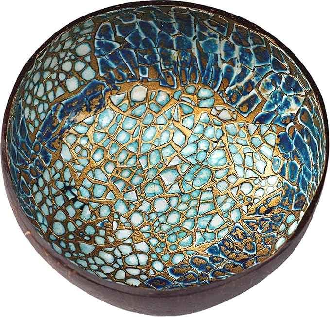 ChezMax Natural Coconut Bowl with Mother of Pearl Inlays - Key Bowl & Fruit Snack Holder (Blue-Gold)