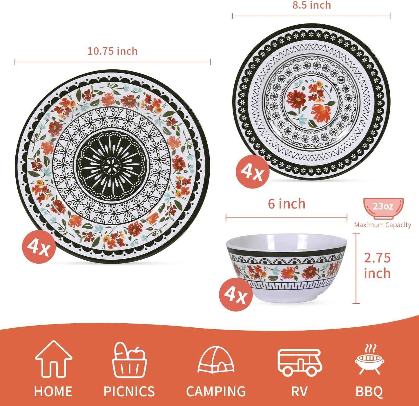 12-Piece Melamine Dinnerware Sets, Unbreakable Dinner Dishes Set for Indoor and Outdoor Use, Dishwasher Safe, Lightweight Dinner Service for 4, Black and White
