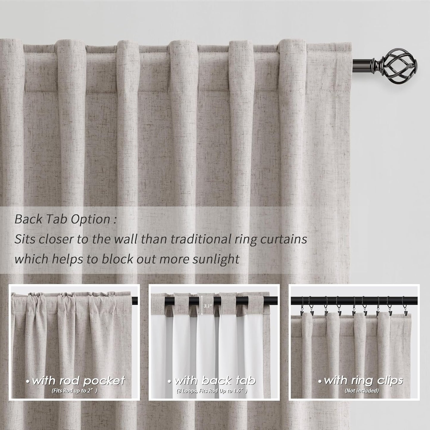 BOODII 100% Blackout Curtains for Bedroom 95 Inch Length 2 Panels Set Room Darkening Linen Curtains Brownish Grey Black Out Curtain Neutral Thermal Insulated Living Room Winter Drapes Back Tab 52x95