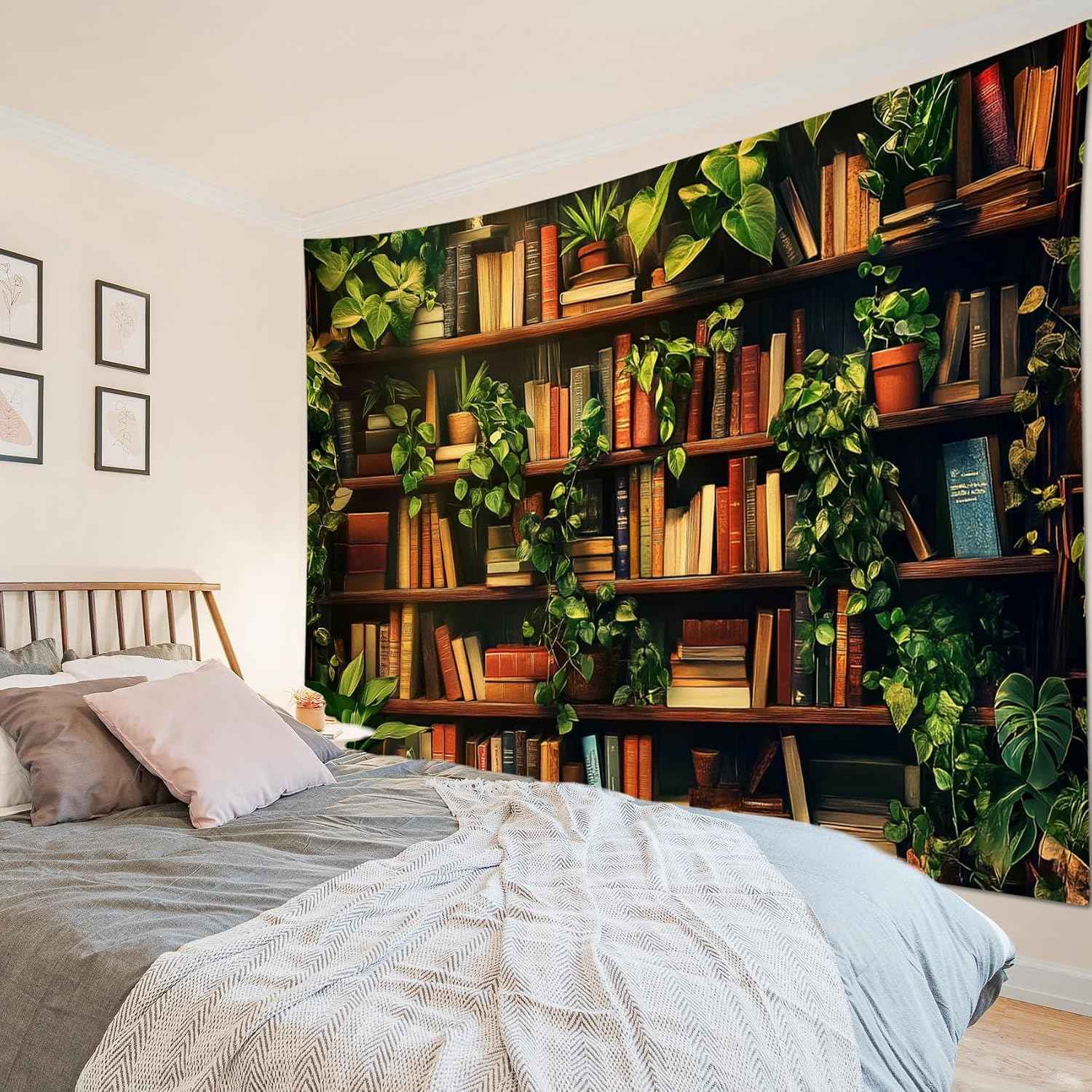 HVEST Botanical Bookshelf Tapestry Wall Hanging Book Shelf Green Plant Tapestry for Bedroom Vintage Retro Library Book Wall Art Tapestries for Living Room College Dorm Party, 40L X 60W inches