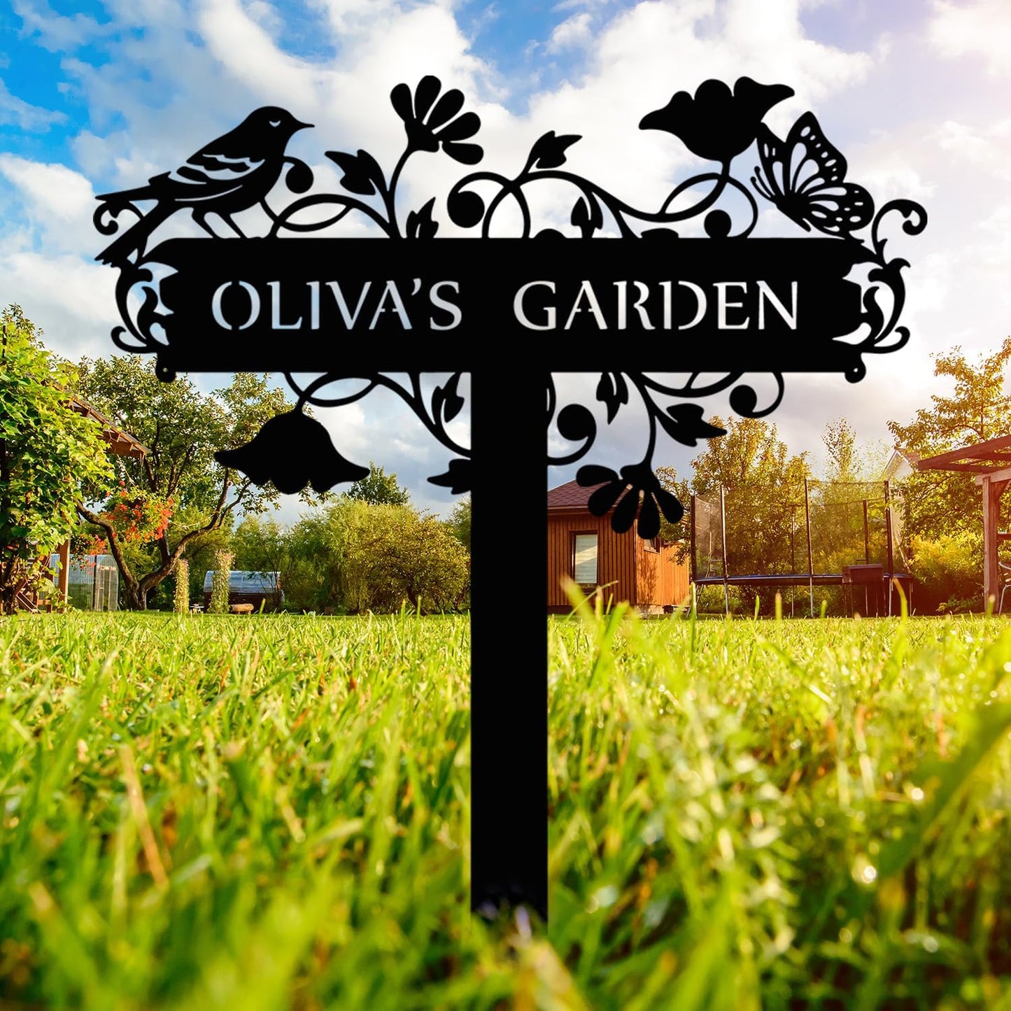 Customized Metal Birds and Flowers, Personalized Garden Sign with Stake, Gardening Decor for Outdoor, Patio and Farmhouse Decorations