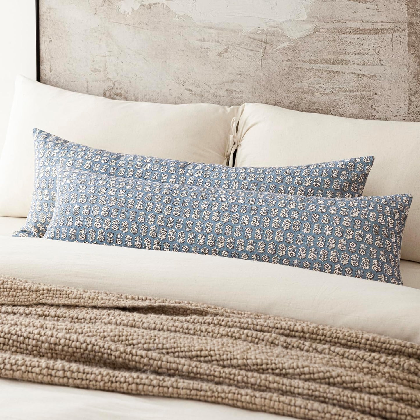 Foindtower Set of 2 Decorative Neutral Body Lumbar Throw Pillow Covers Vintage Accent Farmhouse Cushion Covers Floral Home Decor for Sofa Couch Chair Bedroom Living Room Outdoor,14×36 Inch,Dusty Blue