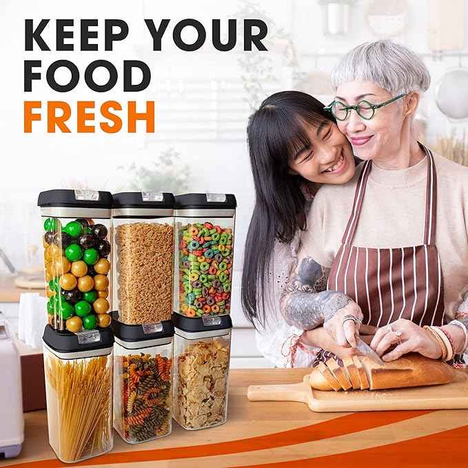 Cheer Collection Airtight Food Storage Containers, Kitchen Storage Containers for Pantry, Set of 6 Food Containers with Lids Airtight, Pantry Storage Containers & Organizers with Lids, 12L, Black