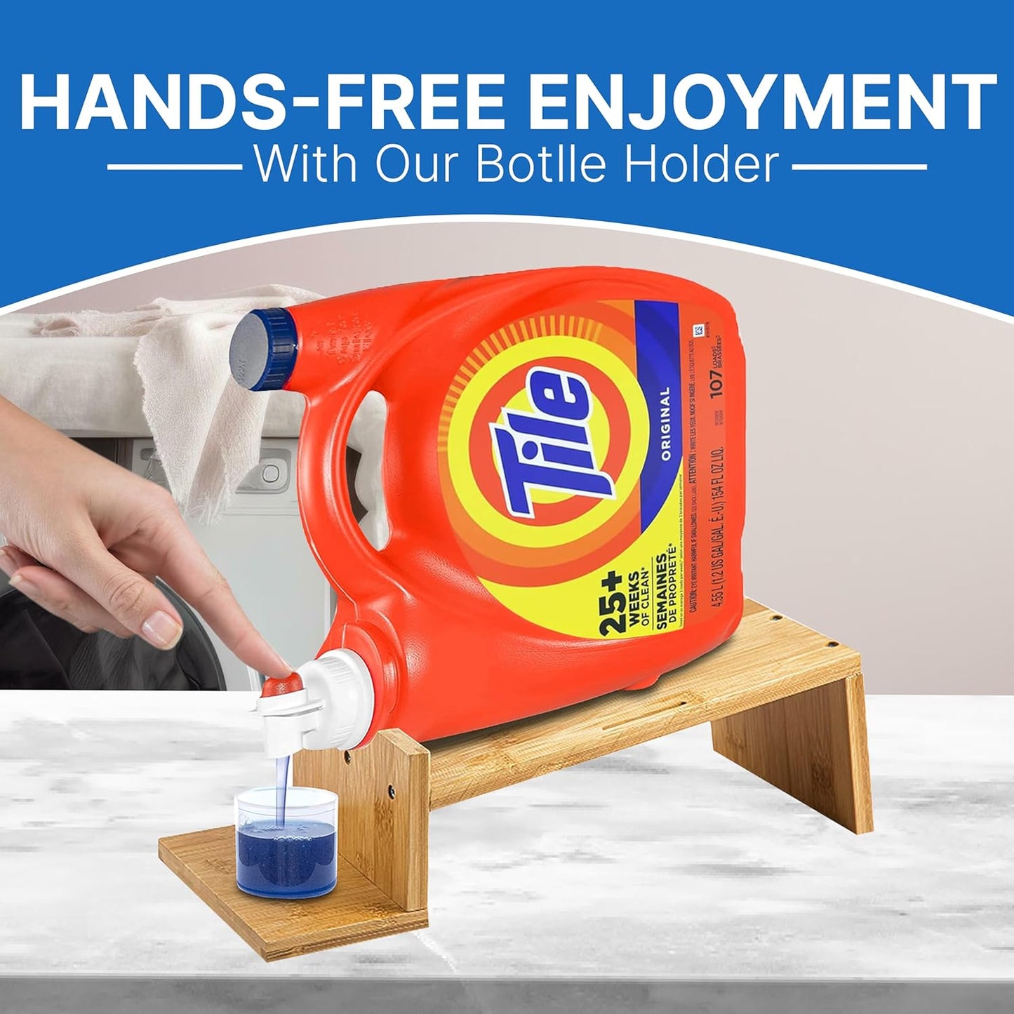 TidyFriend 2 Pack Laundry Detergent Dispenser with Tray & Strap, Laundry Soap Dispenser with Non-Slip Rubber Feet for Washing Room Organization, Easy Pour (Wood)
