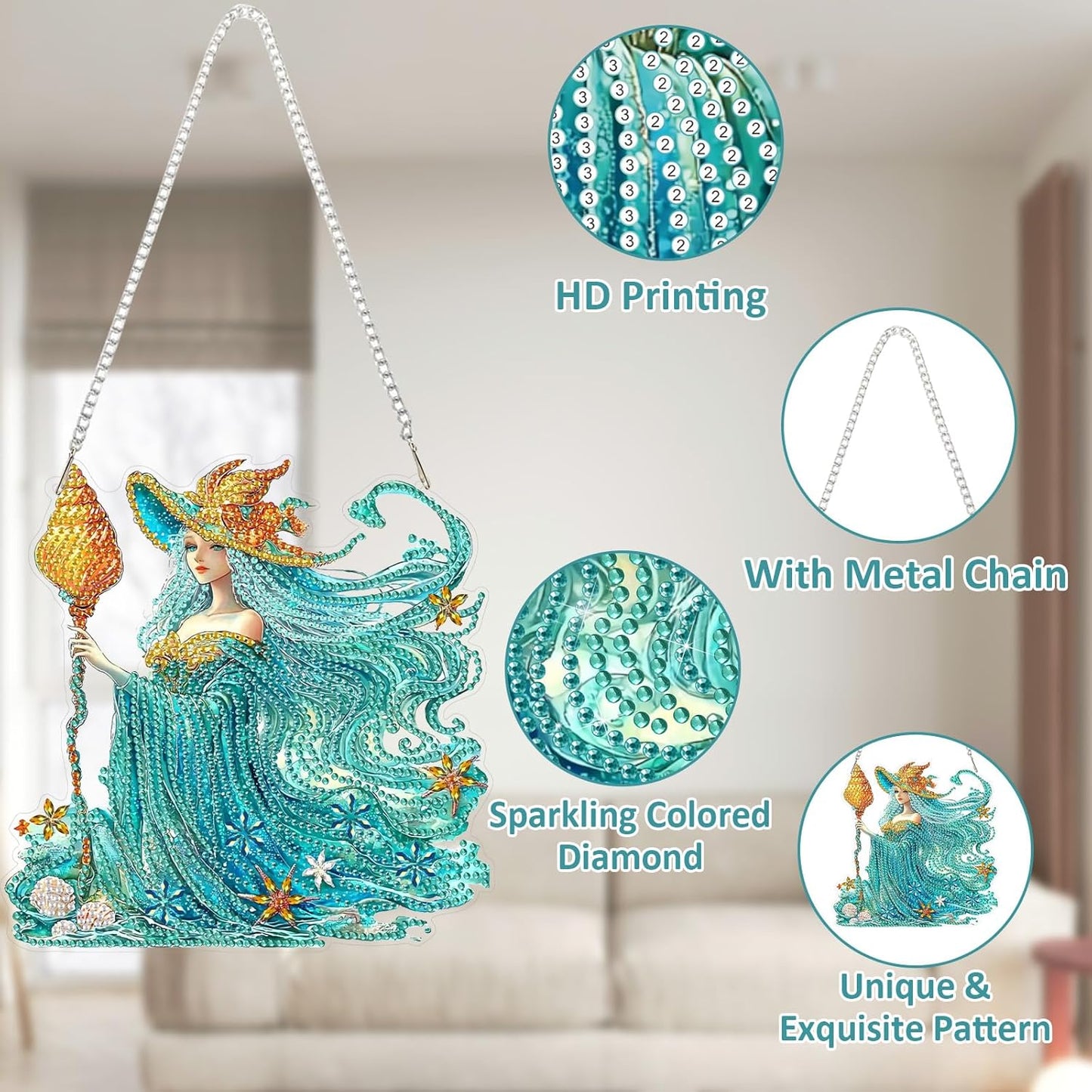 SENQAO Fairy Diamond Art Hanging Kit for Adult, Special Shaped Rhinestone, Double Sided DIY Acrylic Diamond Art Painting Window Pendants Home Garden Wall Hanging Kits Hanging Ornament (Shell Witch)