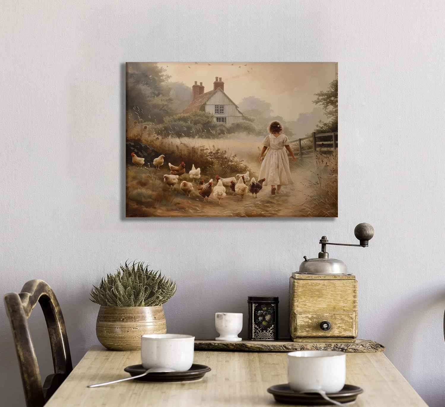 Girl Farmhouse Wall Art Chicken Farm Canvas Rustic Country Poster Brown Chickens Picture Vintage Countryside Female Print Artwork Painting Farm House Wall Decor For Bedroom Living Room Framed