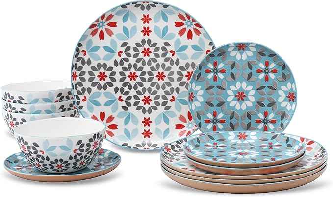 Lorren Home Trends Floral Bone China Dinnerware Set, 12 Piece Service for 4, Blue Red Gray Pattern, Dishwasher Microwave Safe