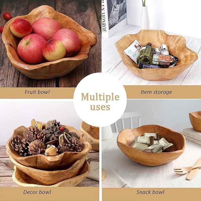 Wooden Bowl Decorative Natural Wood Fruit Bowl, Irregular Creative Wood Bowls, Rustic Hand Carved Candy Snack Keys Serving Bowls for Home Decor (14"-16" Diameter)