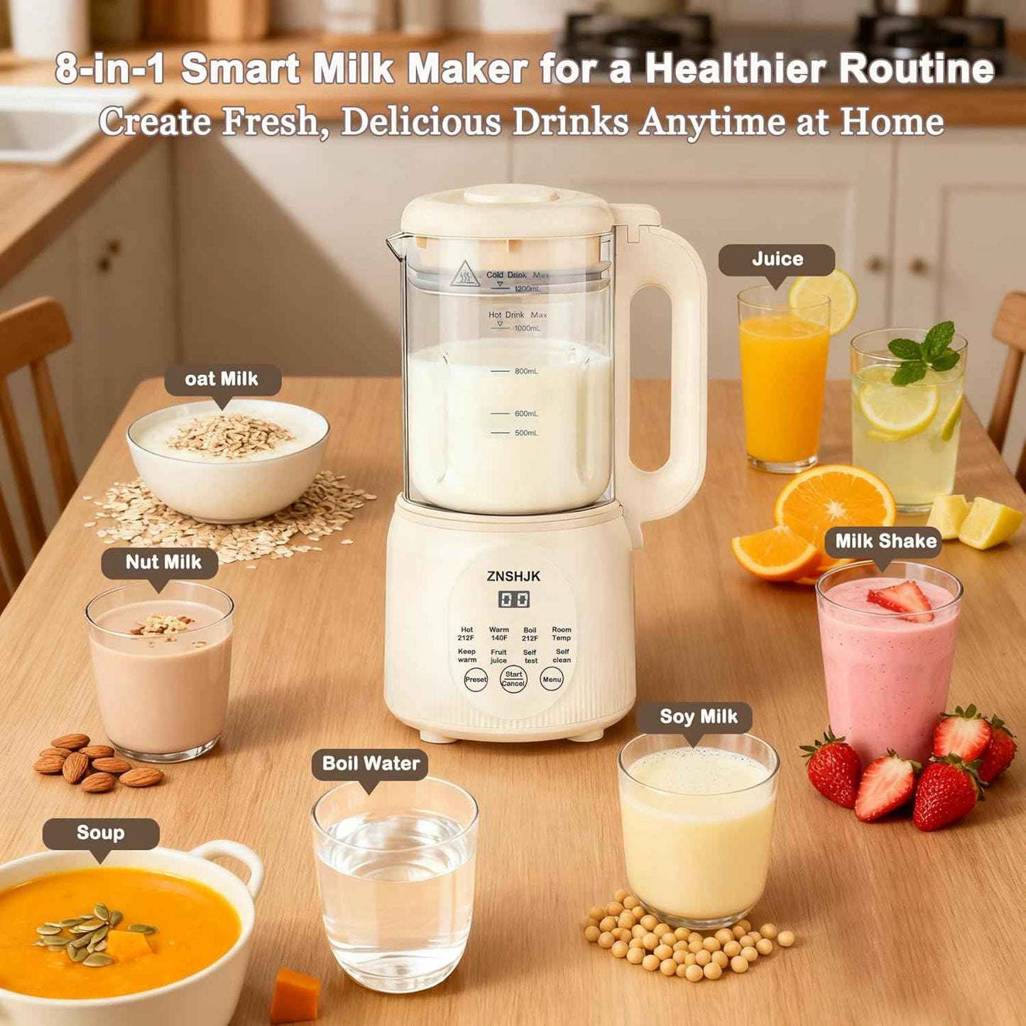 8-in-1 Nut Milk Maker, 40oz Automatic Soy, Almond & Oat Milk Machine for Homemade Plant-Based Drinks, with delay start, keep warm, boil water & self-cleaning functions