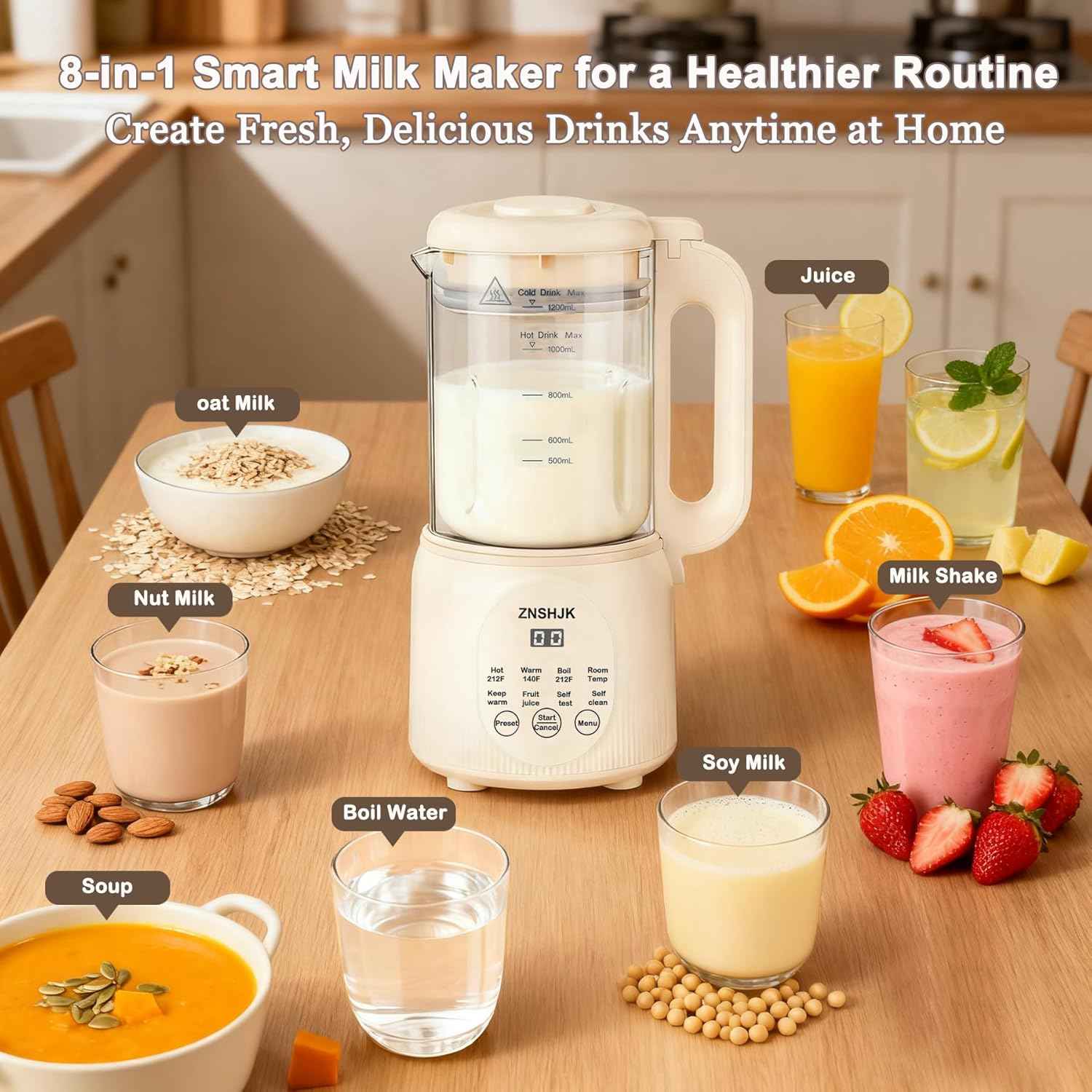 8-in-1 Nut Milk Maker, 40oz Automatic Soy, Almond & Oat Milk Machine for Homemade Plant-Based Drinks, with delay start, keep warm, boil water & self-cleaning functions