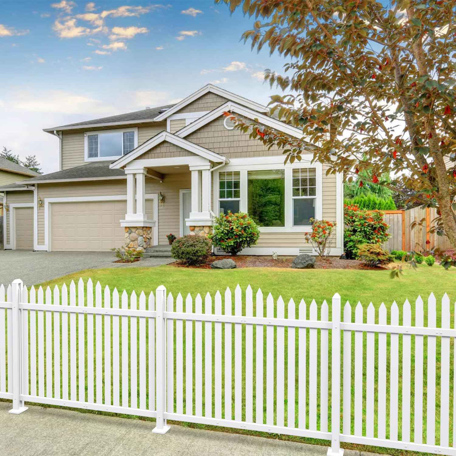 Patio Vinyl Picket Fence White Panels 36" H x 84" W PVC Decorative Fences for Front Yard Porch Patio Deck Pool Air Conditioner Safety Dog Fencing (20 Pickets, Scallop)