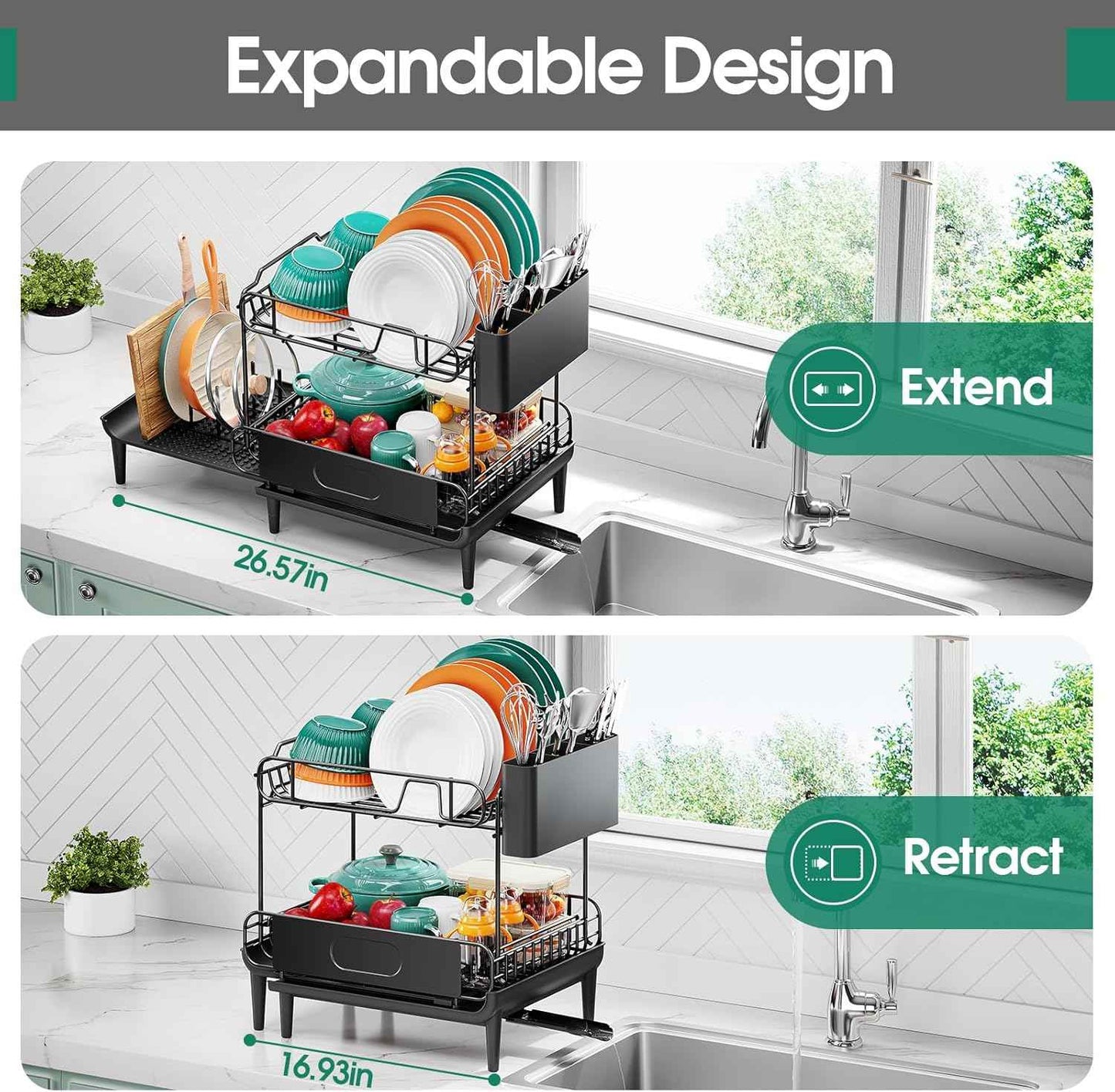 Urackify Dish Drying Rack for Kitchen Counter, Expandable 2 Tier Dish Rack, Large Capacity Dish Drainer with Drainboard Multifunctional Dish Strainer with Removable Cutlery Holder Black