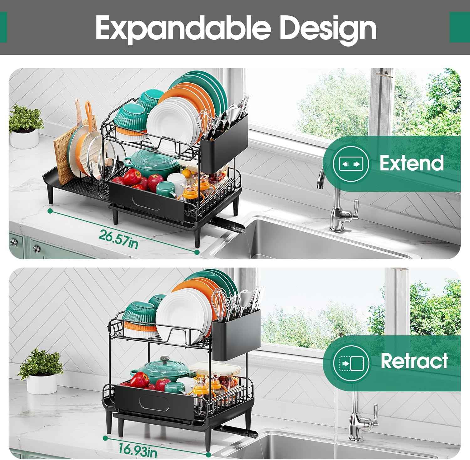 Urackify Dish Drying Rack for Kitchen Counter, Expandable 2 Tier Dish Rack, Large Capacity Dish Drainer with Drainboard Multifunctional Dish Strainer with Removable Cutlery Holder Black