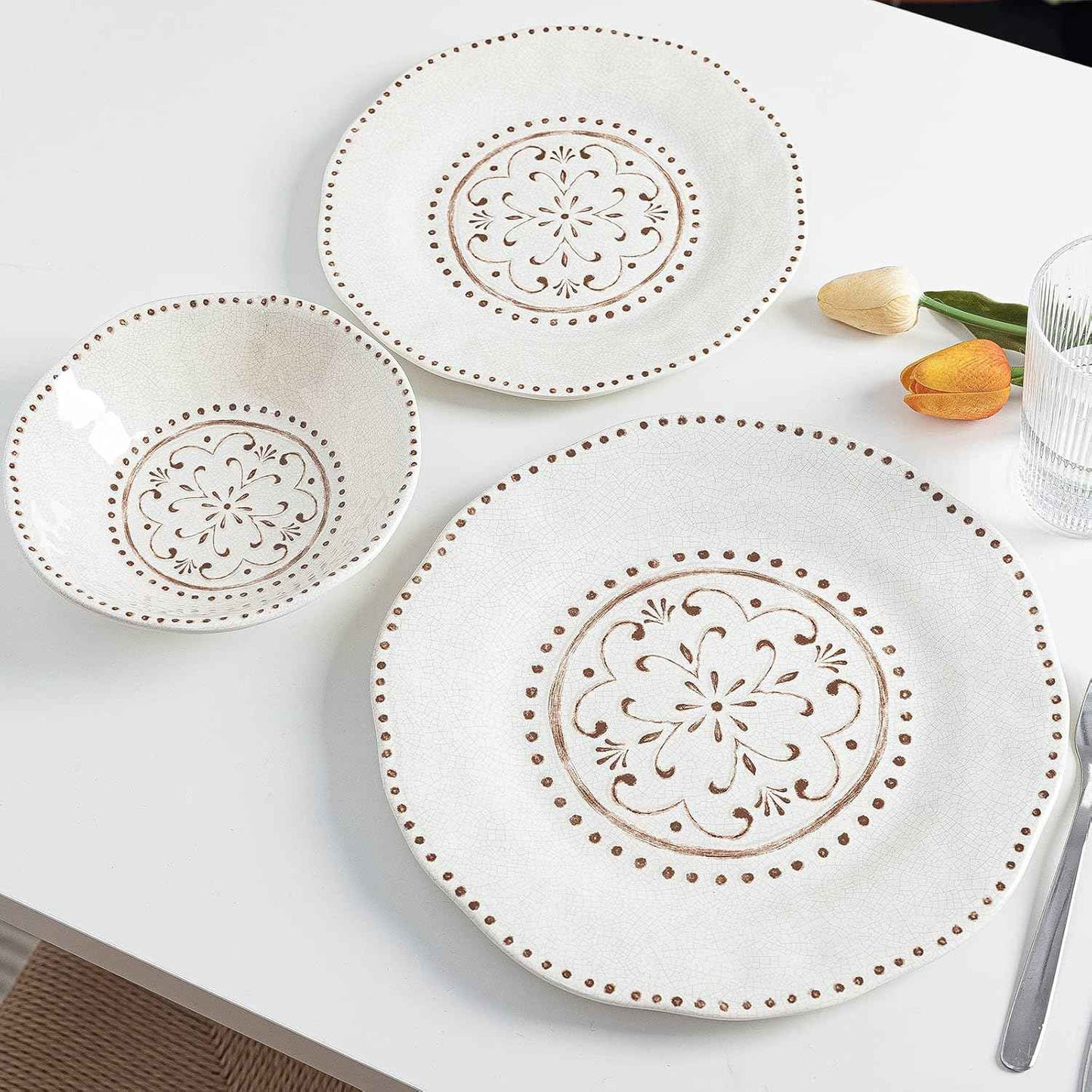 LEHAHA Beaded Crackle 12 Piece Melamine Camping Dinnerware Set, Plates and Bowls Sets, Indoor and Outdoor Use, Break-Resistant Rustic RV Dishes Set, Service for 4(Ivory)…