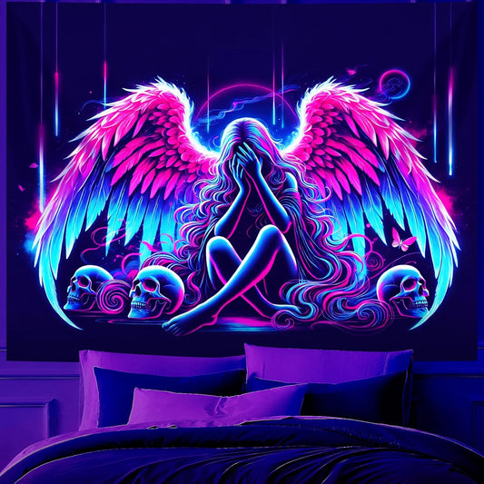 Blacklight Tapestry,WingTapestry Glow In The Dark,UV Reactive Black Light Upright Posters Wall Hanging for Bedroom Dorm Living Room Backdrop Decor (wing1, 90L" x 70W")