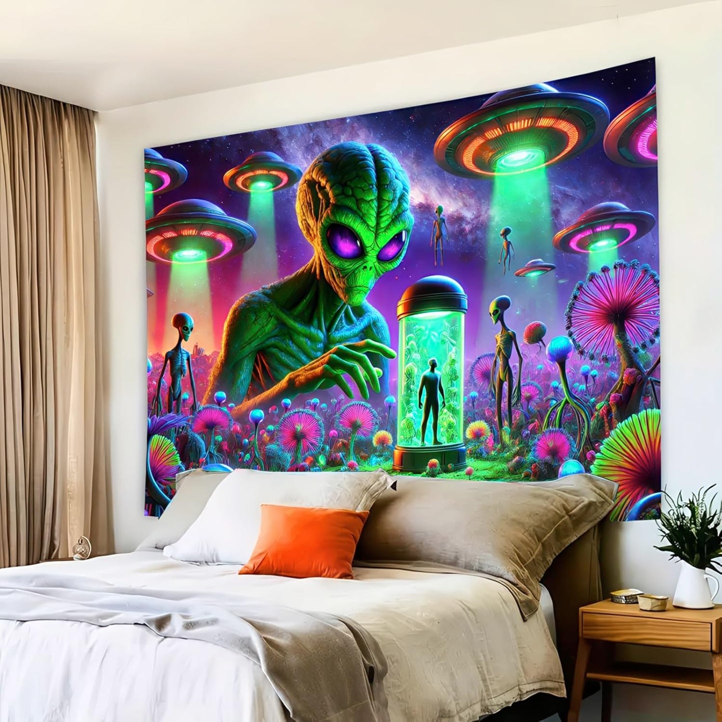 BlissYard Neon Alien UFO Black Light Tapestry Cosmic Sci Fi Mushroom Planet UV Reactive Psychedelic Space Blacklight Tapestry Wall Hanging for Bedroom Living Room Dorm Game Room Party Decor 78x59 Inch