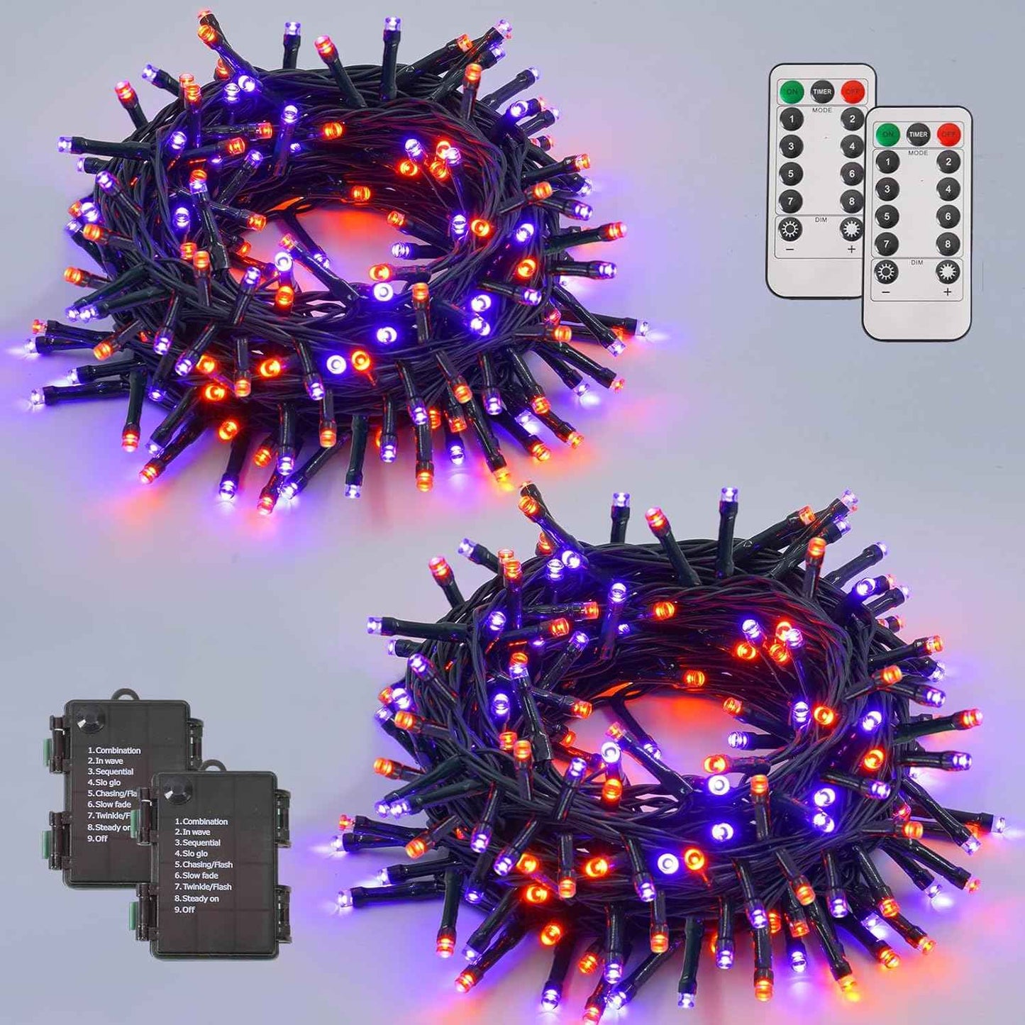 YEGUO Halloween Lights Battery Operated, 2 Pack Each 33ft 100 LED Orange and Purple String Lights Outdoor Waterproof, Green Wire Fairy Christmas Light Indoor with Remote