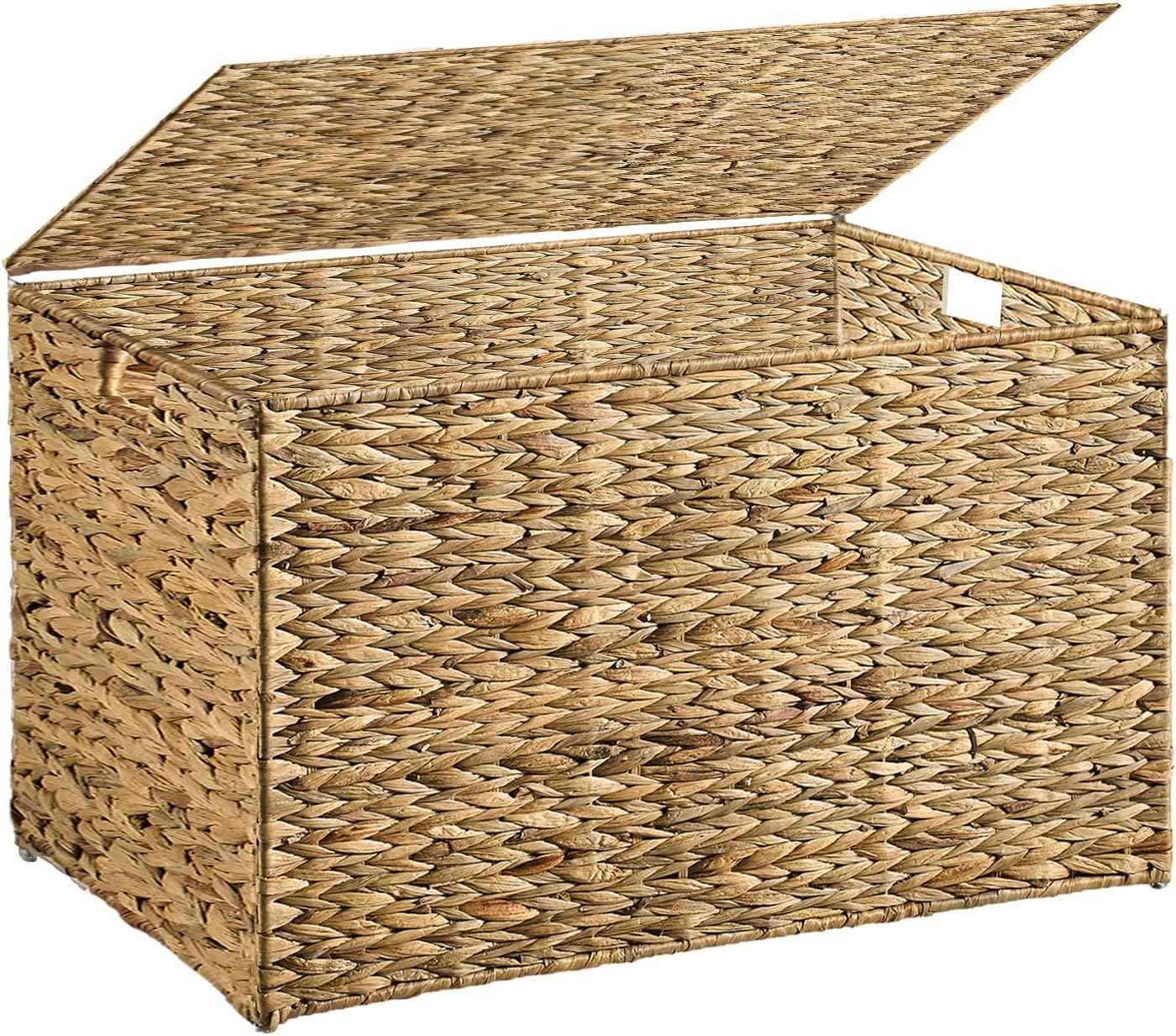 Water Hyacinth Storage Basket with Lid, 27.7 Gallon (105L) Blanket Storage Basket with Handles, Woven Storage Bin, Foldable, Metal Frame, for Bedroom, Laundry Room, Natural