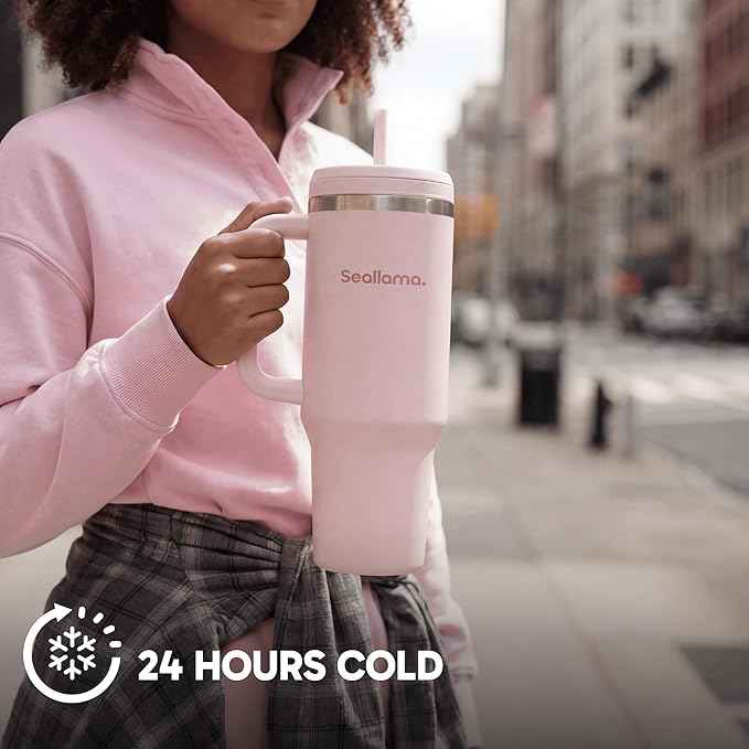 Seallama. Tumbler with Handle and Straw 40 oz | Cup Holder Compatible for Travel | Insulated Stainless Steel Cup | BPA-Free | (Pink Mochi)