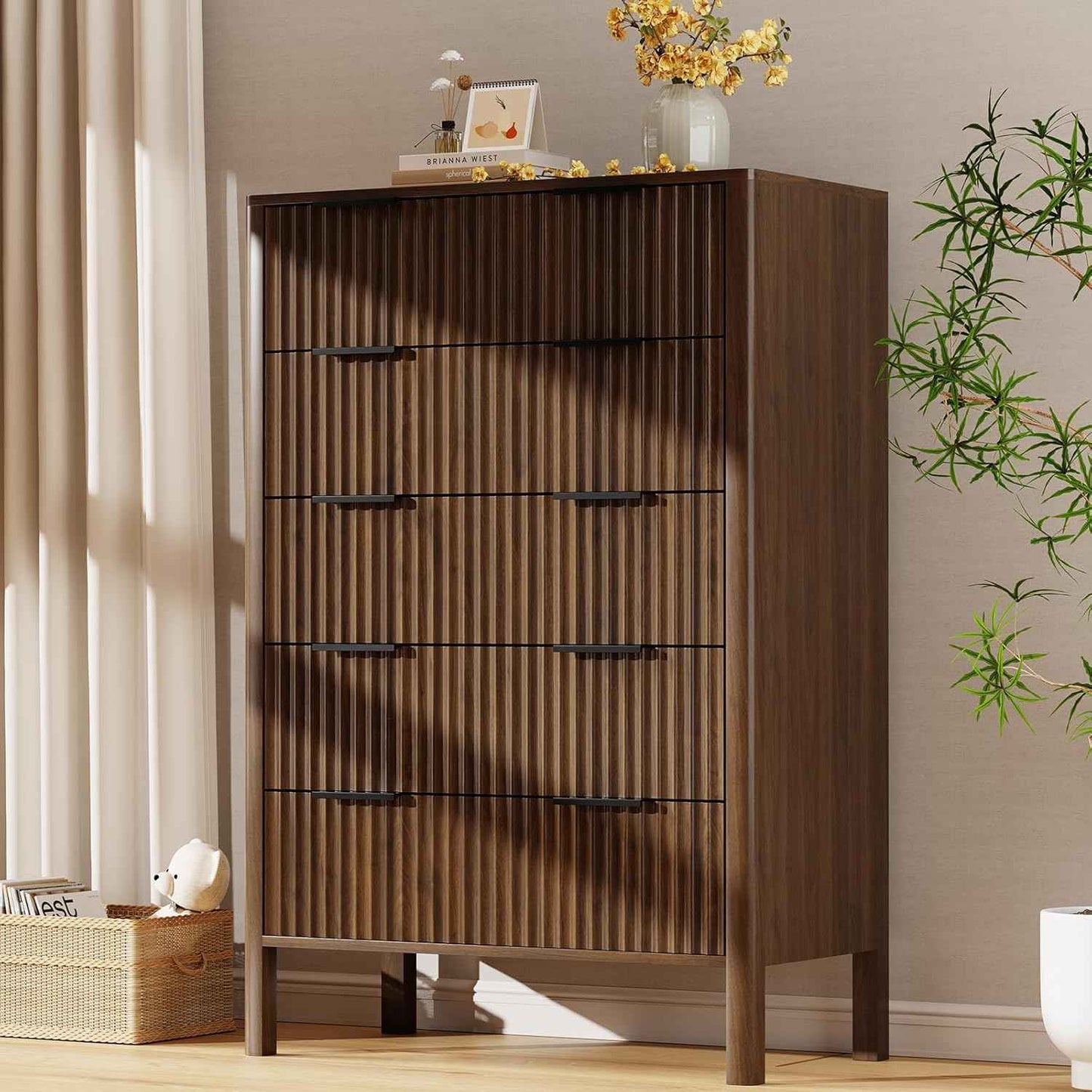 47 Inch Tall Dressers for Bedroom Fluted 5 Drawer Dresser, Wooden Dresser Modern Chest of Drawers Dressers with Organizer Storage for Bedroom, Living Room, Entryway, Walnut