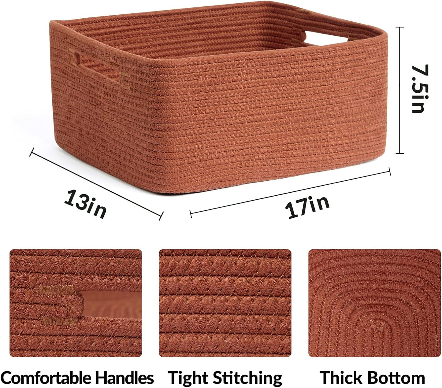 Large Storage Baskets for Shelves, Closet Organizers Bins for Clothes Blanket Towels, Baby Nursery, Toy Baskets Box, Woven Rope Baskets, 17 x 13 x 7.5”, 2 Packs Oxide Red