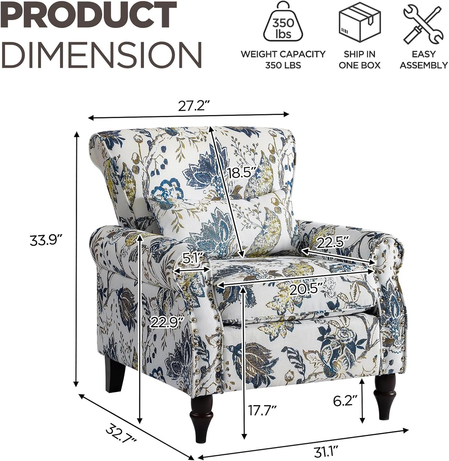 Wingback Accent Chair with Removable Pillow, High Back Floral Armchair with Solid Wood Legs & Nailhead Trim, Comfy Upholstered Reading Single Sofa Chair for Bedroom (1, Blue Floral Pattern)