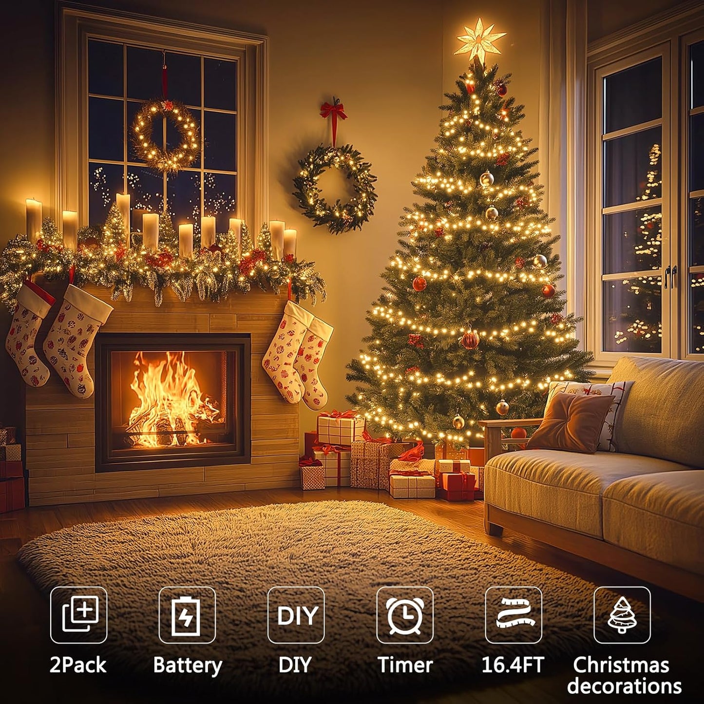 2 Pack Christmas Fairy Lights Battery Operated, 16.4FT 50 LED Dark Green Wire Micro Starry Twinkle Light with Auto Timer Waterproof, String Lights for Indoor Outdoor Yard Decor (Warm White)