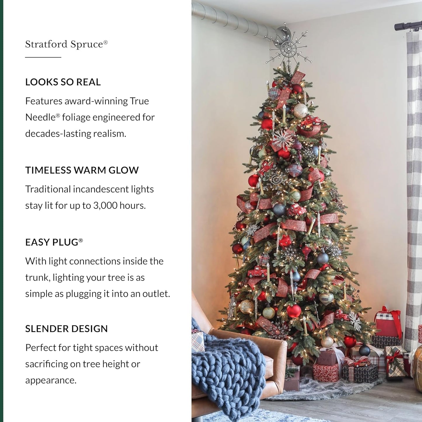 Balsam Hill 7.5ft Pre-Lit Stratford Spruce - Slim Artificial Christmas Tree with 600 Clear Incandescent Lights, True Needle Foliage, Easy Plug Technology & Premium Stand for Small Spaces