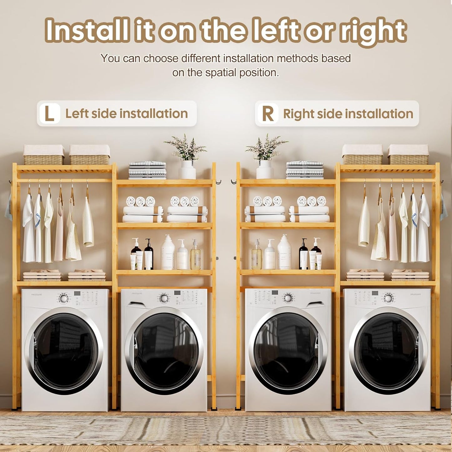 Cozivolife Over The Washer and Dryer Storage Shelf Bamboo,5 Tiers Laundry Room Drying Rack with Adjustable Shelves and 4 Hooks,Space Saver Organizer for Hanging Clothes and Towels (Natural)