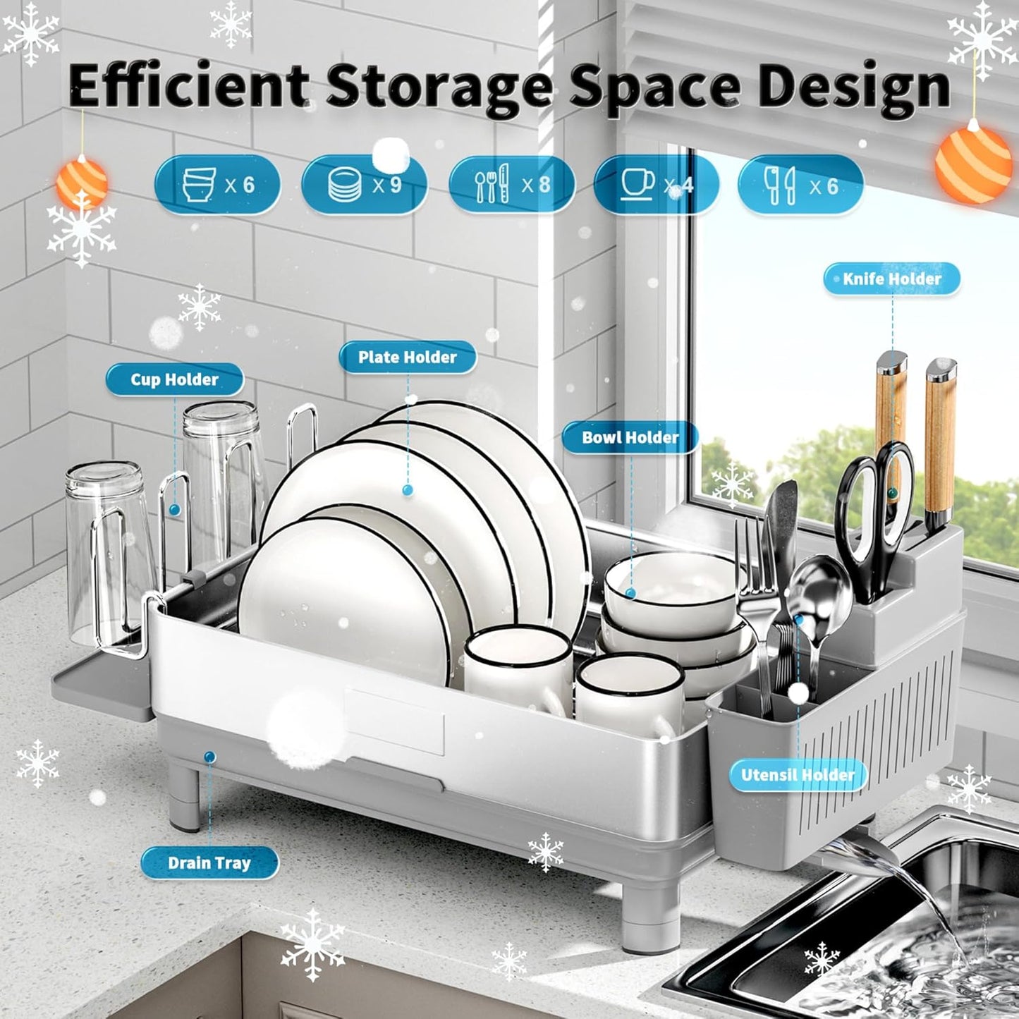 Ewaiira Dish Drying Rack, 304 Stainless Steel Dish Racks for Kitchen Counter, Dish Drainers with Automatic Drainage, Utensil Holder & Cups Holder, Space Saving Kitchen Organizer, Gray
