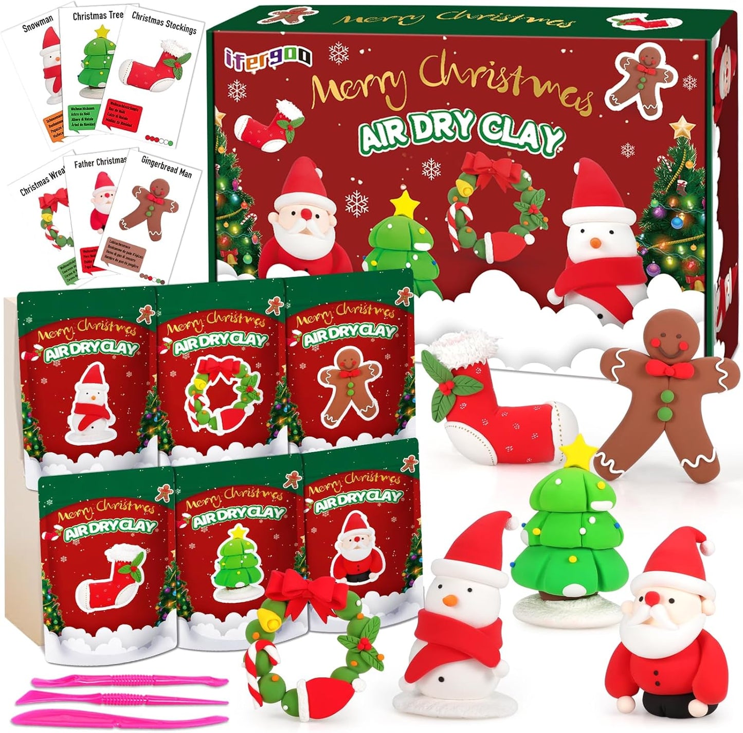 ifergoo Air Dry Clay for Kids - Christmas Modeling Clay Kit, 6 Christmas Molding Designs, Creative Sculpting Activity Kit with Tools & Tutorials, DIY Art Craft Gifts for Girls and Boys