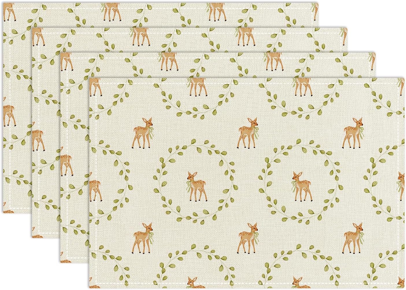 Fawn Themed Placemats Set of 4, Green Leaf Table Mat for Home Kitchen, Restaurants, Outdoor Linen Washable Place Mats 12x18 inch Party Event Dining Decoration-10