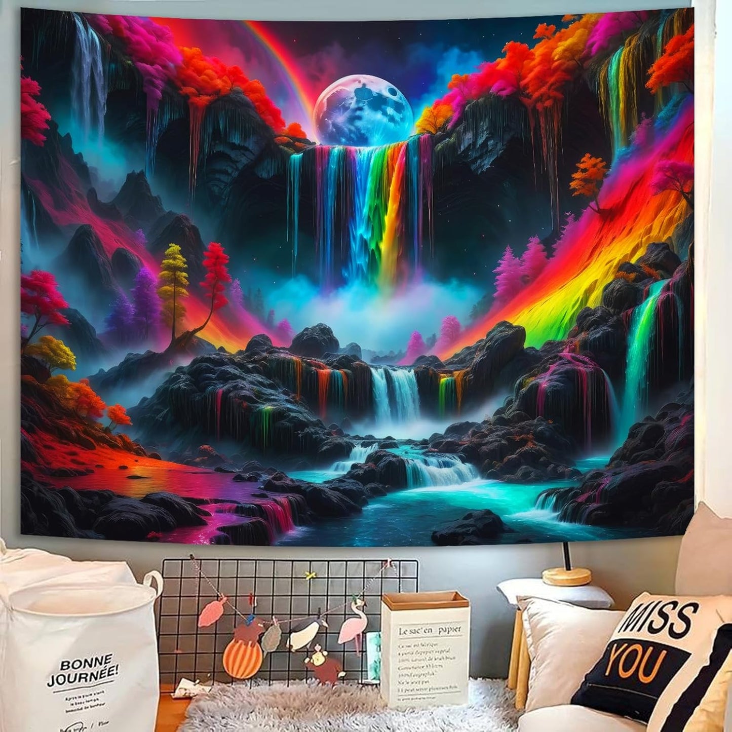 SparkLia Blacklight Waterfall Planet Tapestry, UV Reactive Glow in the Dark Fantasy Landscape Mountain Wave Neon Nature Wall Hanging Tapestries for Bedroom - 80 x 59 inches