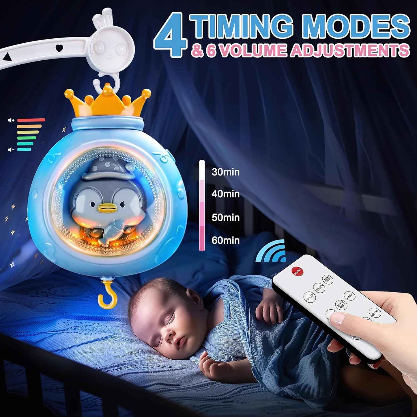 Crib Mobile with Music and Lights,Mobiles for Cribs, Baby Mobile Arm Toys Hanging for Girls Boys Infants 0-6 6-12 Months, Bassinets Nursery Musical Portable Mobile Clip On Pack and Play(Bule)