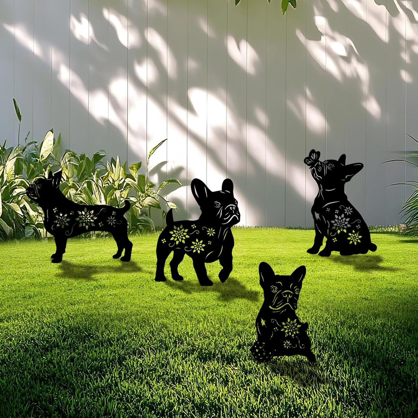 4 Pack Bulldog Metal Garden Decorative Stakes, Weather Proof Puppy Silhouette Statues for Yard, Patio,Outdoor Decor for Bulldog Lovers and Pet Owners