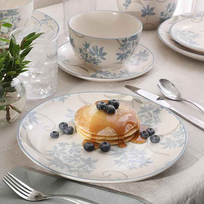 Gibson Home Admiral Hall 12-Piece Matte Stoneware Dinnerware Set – Dinner Plates, Salad Plates & Bowls with Blue Floral Pattern, Durable Everyday Dish Set, Microwave & Dishwasher Safe