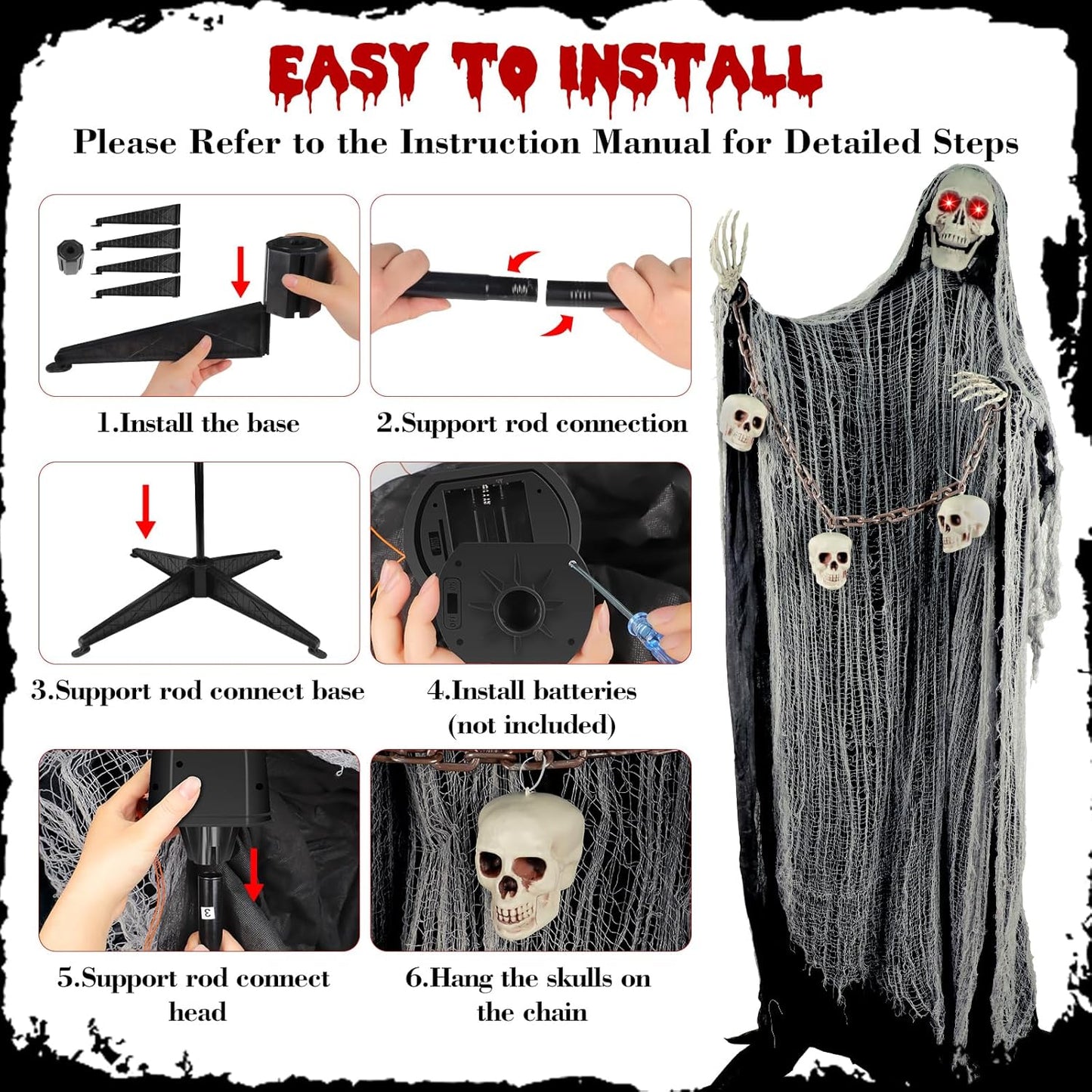 Outdoor Halloween Decorations, 71" Halloween Animatronics Decor Led Light Eyes Sound&Touch Activated Scary Haunted House Decor with Spooky Sound Adjustable Arm for Party Yard Lawn Outdoor Indoor