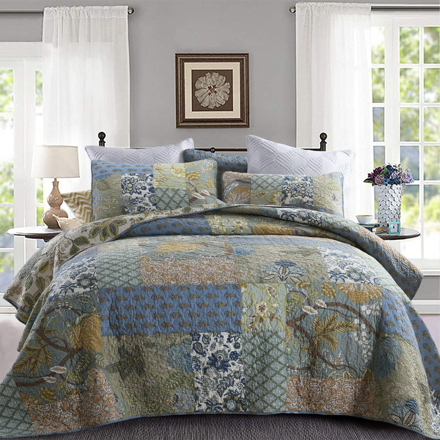 Yvooxny Quilt Set King Bedspread Reversible Green Farmhouse Garden Coverlet Real Patchwork Quilt Set for All Seasons with Pillowcases, Farmhouse Floral Pattern, King Size