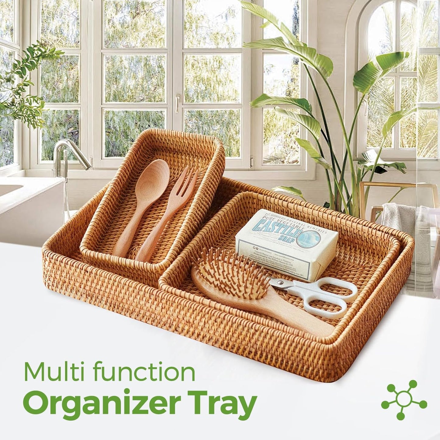 Rattan Serving Tray, Rectangle Basket Set of 3, Wicker Storage and Organizing Baskets, Natural Decorative Woven Tray for Home Decor, Bathroom, Kitchen Counter